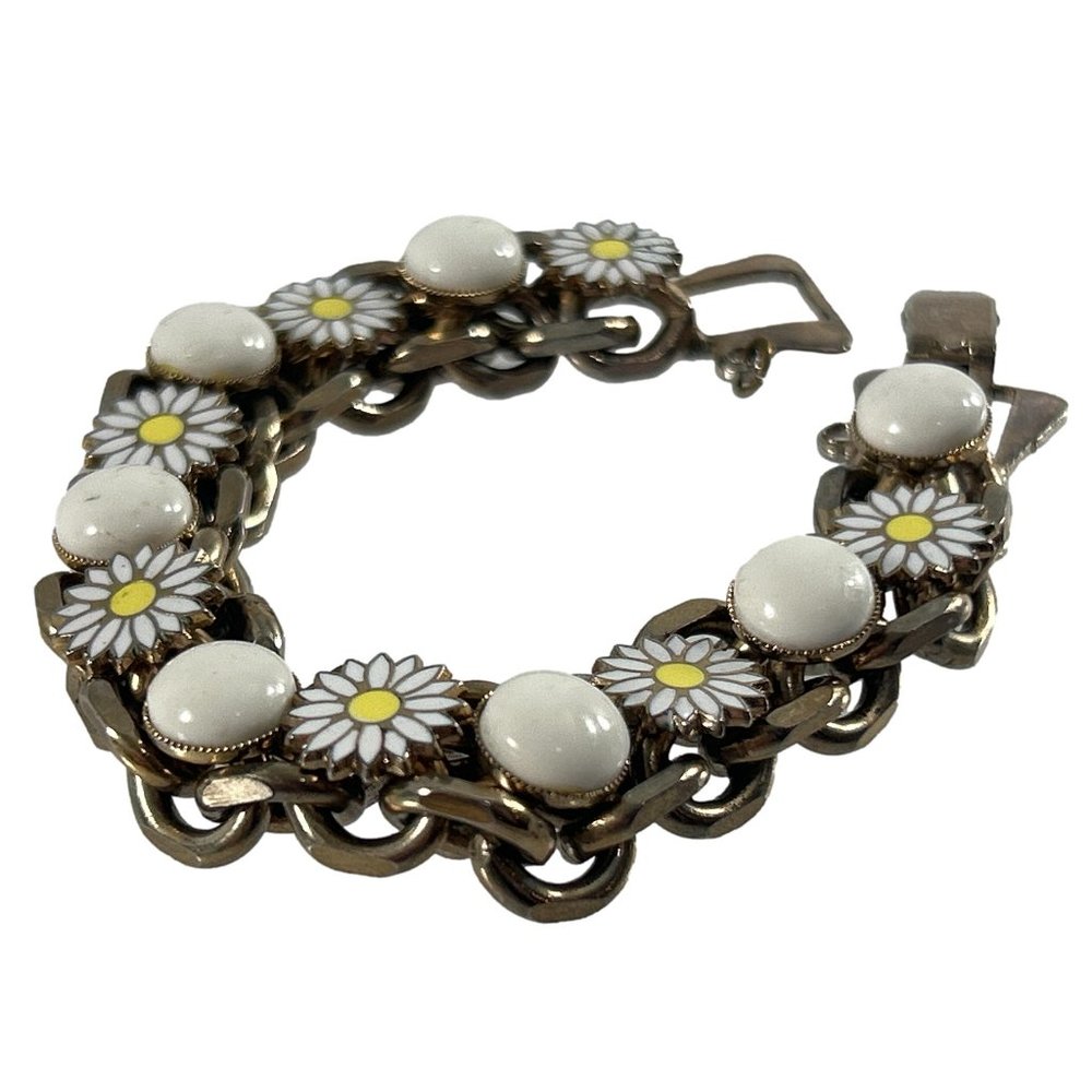 Vtg Daisy Chain Silver Tone Bracelet Enamel White Cabochon Missing Safety Chain